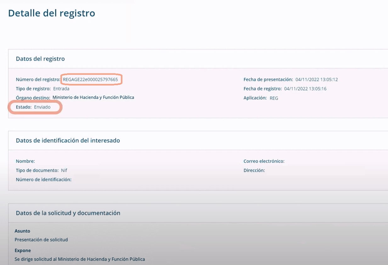Detalle del registro creado en la plataforma REG